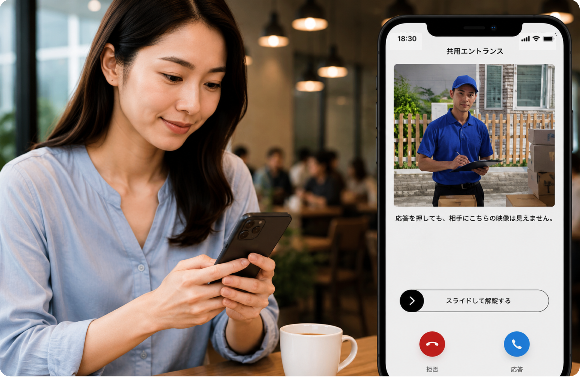 来訪者の対応から解錠まで、スマホひとつで完結